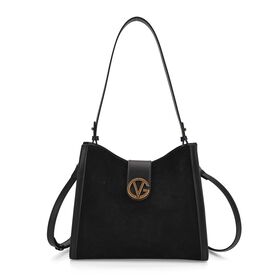 Echtleder-Trapez-Umhängetasche im modernen Designer-Stil mit Doppelriemen und Magnetverschluss, 27x11x23 cm, Schwarz