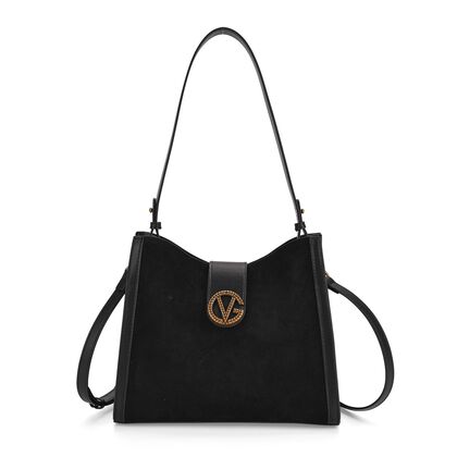 Echtleder-Trapez-Umh&auml;ngetasche im modernen Designer-Stil mit Doppelriemen und Magnetverschluss, 27x11x23 cm, Schwarz