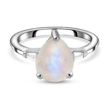 Premium Regenbogen Mondstein und Zirkon-Ring, 925 Silber platiniert (Gr&ouml;&szlig;e 16.00) ca. 2,46 ct