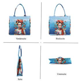 Frida Kahlo und Schmetterling Design Set, Shopper und Handy Umh&auml;ngetasche, 40 x 12 x 35 cm, Blau
