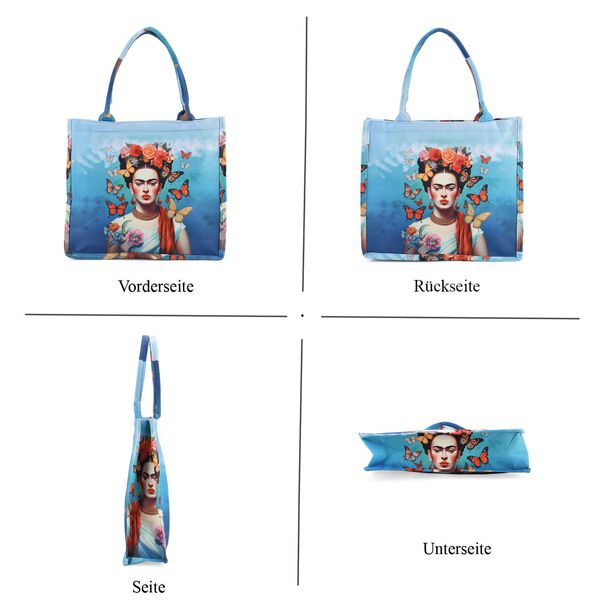 Frida Kahlo und Schmetterling Design Set, Shopper und Handy Umhängetasche, 40 x 12 x 35 cm, Blau image number 4