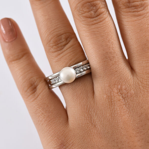 EVER TRUE Süßwasser Perle (8-8.5 mm), Weißer Zirkon Ring Nickelfreies Messing (Größe 17.00) 3.52 ct image number 3