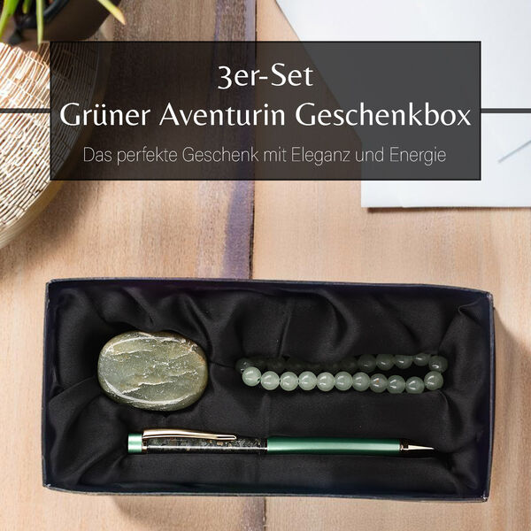 3er Exklusives Geschenkset – Aventurin: Handschmeichler, Armband und Kugelschreiber mit Kristallkugel image number 2