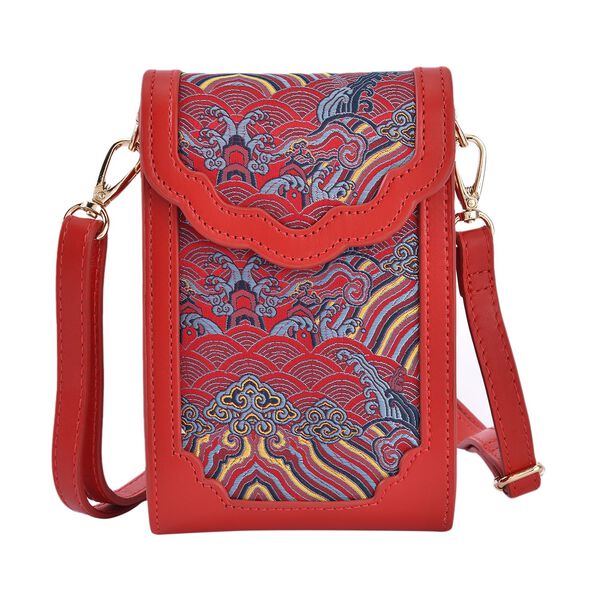 Luxury Edition: Seidenbrokat Handytasche aus echtem Leder und Satin Geschenkbox, RFID, Landschaft Rot