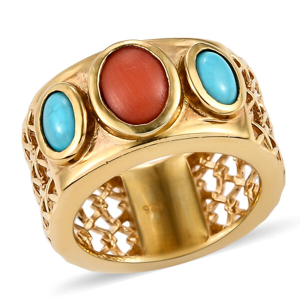 Koralle und nat&uuml;rlicher, Sleeping Beauty T&uuml;rkis Ring 925 Silber vergoldet  ca. 1,77 ct image number 5