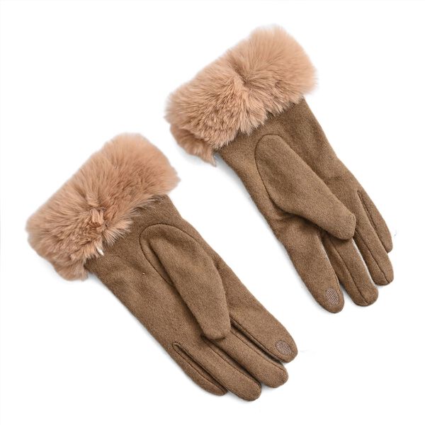 Kaschmir-Handschuhe mit Kunstfellbesatz und Touchscreen-Funktion, One Size, Braun image number 2
