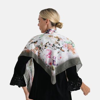 LA MAREY Seiden-Foulard aus 100% Maulbeerseide und Schmetterling-Seidenbrokat-Brosche, 110x110 cm, Grau