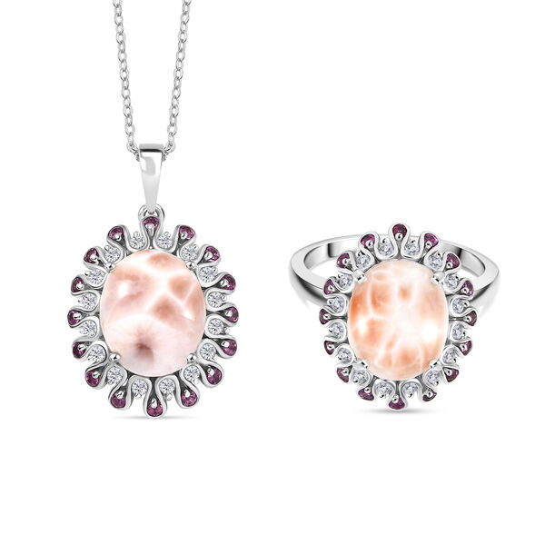 D'Joy AA Natrolith, Rhodolith Granat und Zirkon Ring und Anh&auml;nger mit 50cm Kette