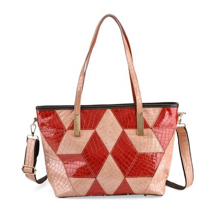Chaos by Elsie Echtleder Shopper mit RFID, geometrisches Rauten Patchwork im 3D W&uuml;rfel Look, Schlangenpr&auml;gung mit Hochglanz Optik, 30 x 14 x 27 cm, Rot Ros&eacute;
