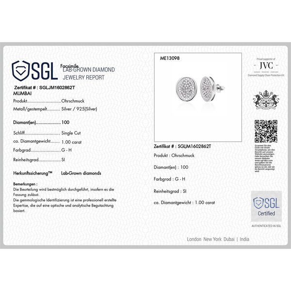 LUXURIANT SGL zertifizierte SI-GH Labor Diamant Ohrringe, 925 Silber rhodiniert - 1 ct. image number 4