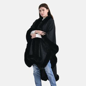 LA MAREY - Poncho mit Kunstfellbesatz und Kristall-Detail, Schwarz, Einheitsgröße