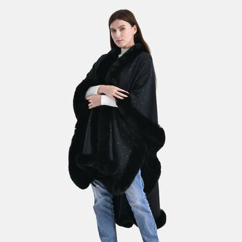 LA MAREY Poncho mit Kunstfellbesatz und Kristall-Detail, Schwarz, Einheitsgr&ouml;&szlig;e