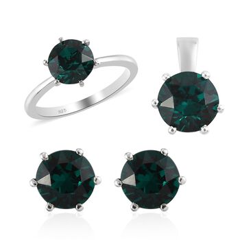 LUSTRO STELLA - &ouml;sterreichisches Smaragd&nbsp;Farbkristall Solit&auml;r-Set aus Ring, Ohrringen und Anh&auml;nger, 925 Silber platiniert ca. 4,80 ct