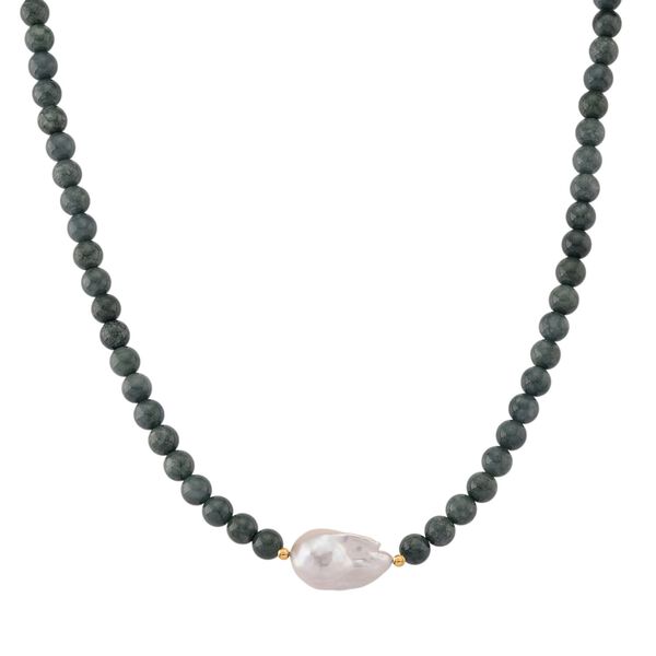 EXTREM SELTEN - Natürlicher Olmek Jadeit, Süßwasser Barockperle, Halskette ca. 50 cm, Flexibles 925 Silber vergoldet 280.00 ct image number 0