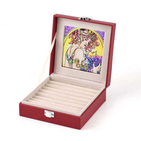 "PU with Suncatcher glass window Ring box,  Size:15.5x15.5x5.5cm, center glass size:11.5cmD, Material: PU+Glass Weight: about 297g. Color: Wine Red"