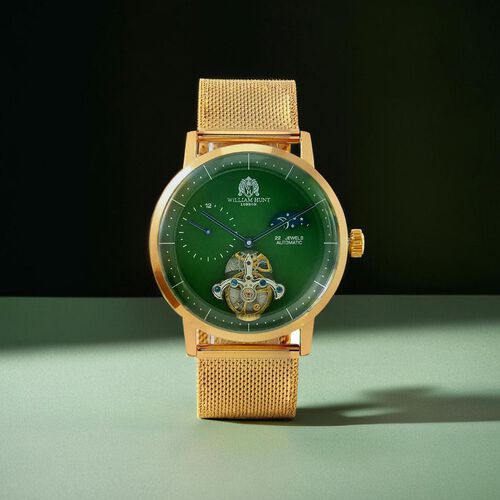 William Hunt Automatik-Uhr - IP-schwarzbeschichtetes Edelstahlgehäuse, grünes Multifunktionszifferblatt mit gewölbtem Glas, Edelstahl-Mesh-Armband, Glasboden, 5 ATM wasserdicht, Reiner Edelstahl image number 1
