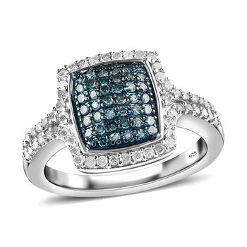 Wei&szlig;er und blauer Diamant-Halo-Ring, 925 Silber platiniert, 0,75 ct.