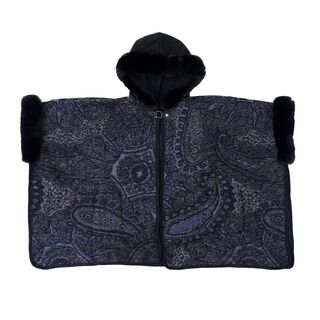 LA MAREY - Kunstfell Poncho mit Kapuze, One Size, 80x110cm, Schwarz