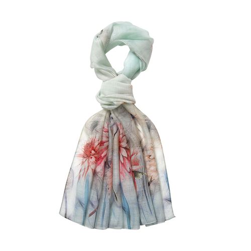 LA MAREY - Luxuriöser Floral-Print Schal, Merinowolle und Maulbeerseide, pastellgrün image number 0