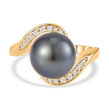Tahiti Perle, Wei&szlig;er Zirkon Ringe 925 Silber Gelbgold Vermeil (Gr&ouml;&szlig;e 16.00) ca. 0.23 ct