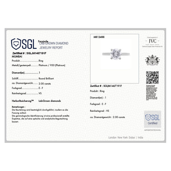 LUXURIANT SGL zertifizierter VS-EF Labor Rundschliff Diamant Ring in 950 Platin - 2 ct. image number 7