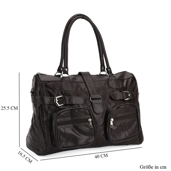 Patchwork Crossbody Tasche aus Schafleder mit mehreren Reißverschlussfächern, 40×16,5×25,5 cm, Braun image number 7