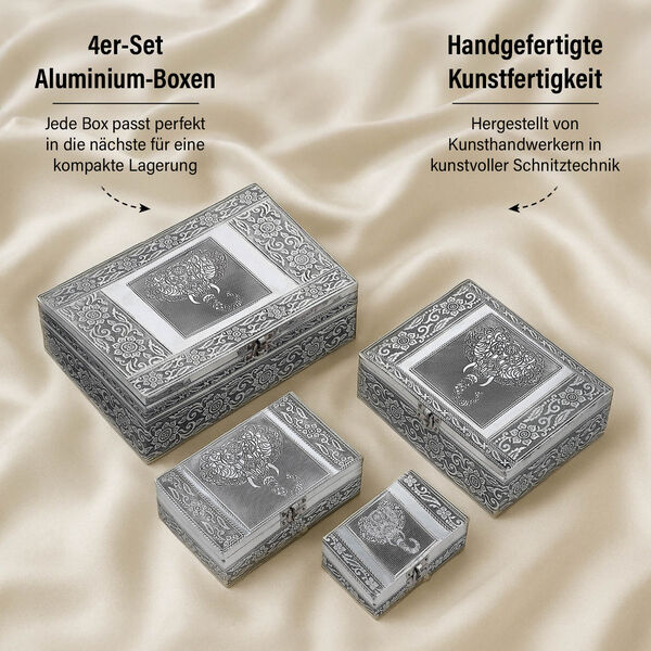 Satz von 4 handgefertigten Aluminiumboxen mit Elefant-Motiv, Größen von 24x17x9 bis 13x6,5x3 cm image number 2