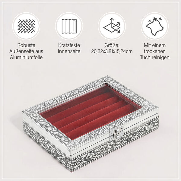 Handgefertigte Ringbox aus Aluminium mit Blumenmuster und Kratzschutzfutter in Rot image number 6