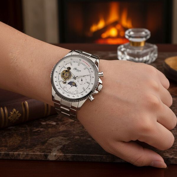 GENOA TIME - Bicolor-Armbanduhr, Reiner Edelstahl, silber-goldfarben, Automatik, 3 ATM wasserdicht image number 2