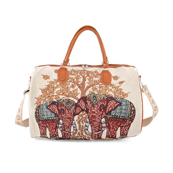 "Life style Color:White with red elephant print /Profile:Duffel bag wall(exterior):Polyester    Lining(interior): polyester; Pockets(exterior):Zipped-1 Pockets(interior):none Measurement:45*23*27cm         " image number 4