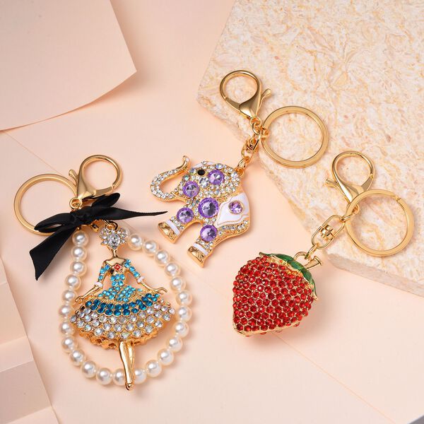 3 St&uuml;ck Dekorativer Schl&uuml;sselanh&auml;nger, Erdbeere, Elefant, Ballerina, mehrfarbig image number 3