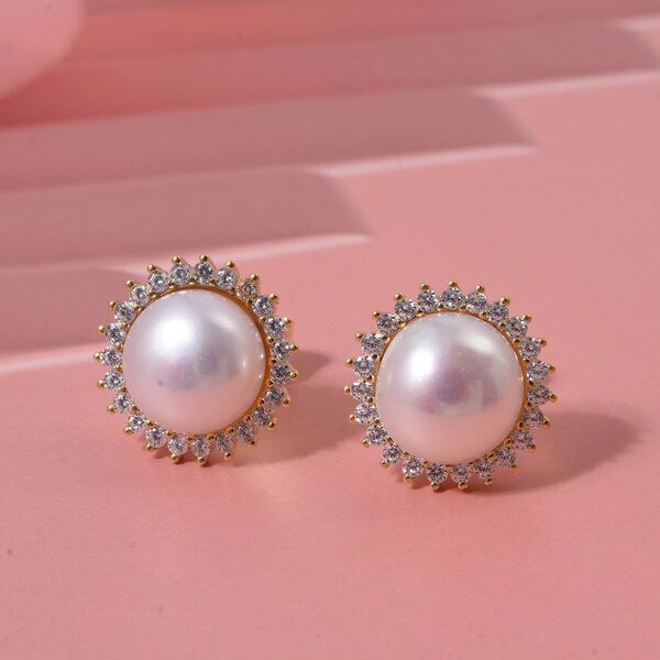 S&uuml;&szlig;wasser Perle (10 mm), Wei&szlig;er Zirkonia Ohrringe 925 Silber vergoldet image number 1