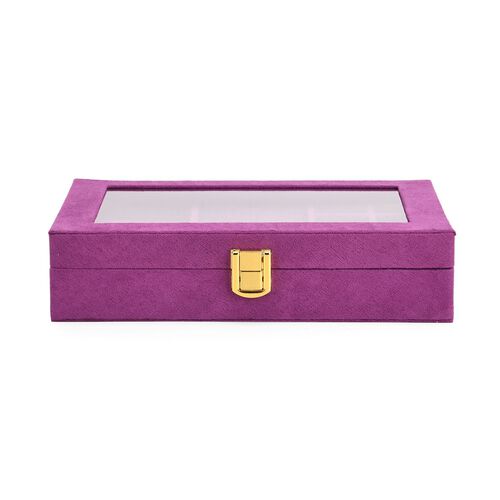 Samt Schmuckbox mit 5 Silberputztüchern, 8 Ringfächer, 8 kleine Fächer, herausnehmbares Kettentablett, Sichtfenster, Metallschloss, 20x15x5?cm, Fuchsia image number 1