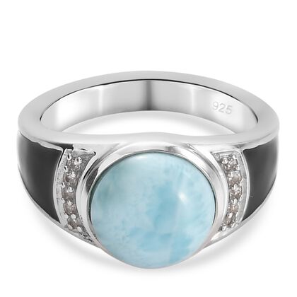 Larimar und Zirkon Solitär Ring 925 Silber platiniert (Größe 16.00) ca. 2,89 ct