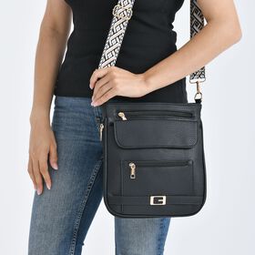 Crossbody-Tasche mit gewebtem Schulterriemen und Reißverschlussfächern, 24x28 cm, Tiefschwarz