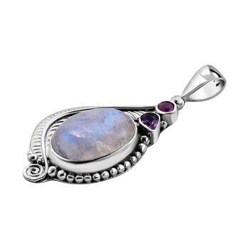 Sajen Silver- Regenbogen Mondstein, Ilakaka rosa Saphir und afrikanischer Amethyst-Anh&auml;nger - 18,12 ct.