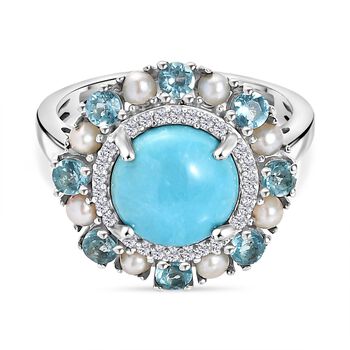 D'Joy AA Sleeping Beauty T&uuml;rkis, S&uuml;&szlig;wasser Perle (2.5mm) Ring 925 Silber rhodiniert (Gr&ouml;&szlig;e 17.00) 4.22 ct