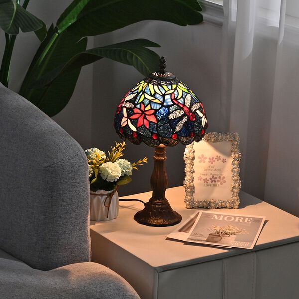 Art-Decor Lampe im Tiffany-Stil mit Buntglas und Aluminium, Handarbeit, E14 Fassung - 25W, 36 cm, blaue Libelle image number 3