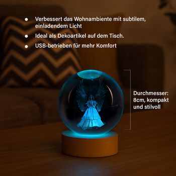 3D-Kristallglaskugel mit Engel, LED-Beleuchtung, 8cm, Farbwechsellicht