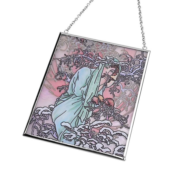 Handbemalter Glas Suncatcher mit Kette, silberfarbenem Rahmen, Alphonse Mucha Motiv Winter, 12x15 cm image number 5