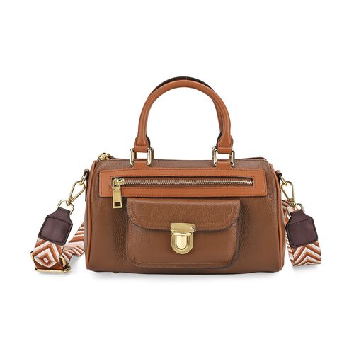 lifestyle-Color:Coffee size/Profile:  Crossbody bag:wall(exterior);Genuine Leather. Lining(interior):polyester  Pockets(exterior):zipped-2;-Press button-1;Pockets(interior):Zipped-1 slip-1.Measurement(inch):10*5*5.3inch inch.Hand strap 4.7"inch. 53inch sh image number 0