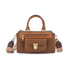 lifestyle-Color:Coffee size/Profile: Crossbody bag:wall(exterior);Genuine Leather. Lining(interior):polyester Pockets(exterior):zipped-2;-Press button-1;Pockets(interior):Zipped-1 slip-1.Measurement(inch):10*5*5.3inch inch.Hand strap 4.7"inch. 53inch sh
