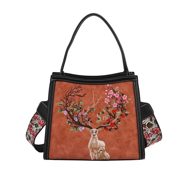 "PU Embroidered crossbody bag Color: Orange Size:  25*11*21cm   Wall: PU Lining: Polyester Exterior:zipped-1,pocket-1 Interior: zipped-2,slid-1 Long Shoulder strap:130cm " image number 4