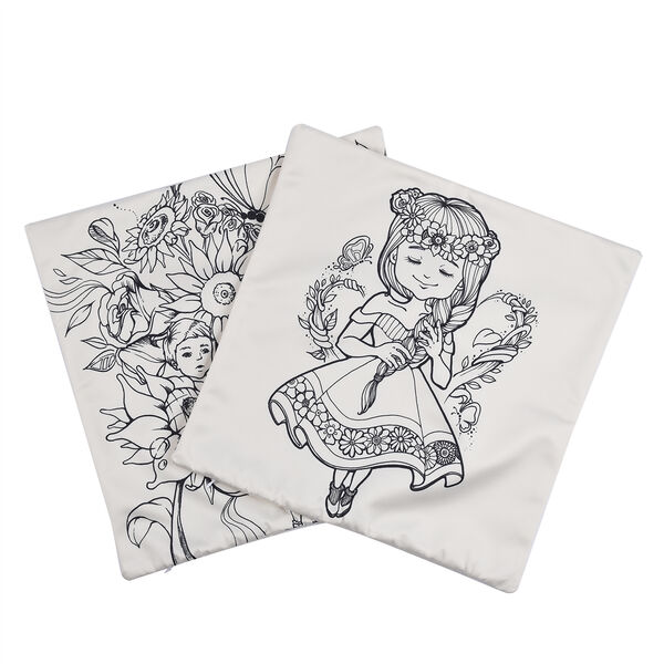 2er-Set, DIY Kissenbezug zum Bemalen mit 8 Textilfarb-Stiften, Größe 45x45 cm, Weiß, Mädchen mit Blumen image number 0