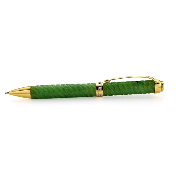 13.4*1.3cm(5.25*0.63inch  )carving Twisted Burmese Natural Green Jadeite pen ( ball pen) ,white crystal,metal:Alloy,plating:YG overlay,cutting on metal,approx weight:44.1grams image number 3