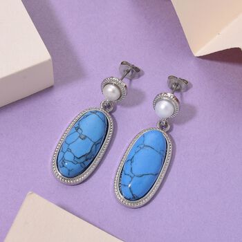 Blauer Howlit, Wei&szlig;e S&uuml;&szlig;wasser Perle Ohrringe, Silberfarben