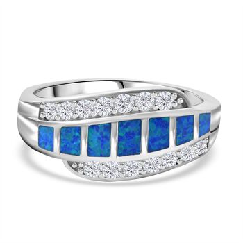 Simulierter Blauer Opal, Wei&szlig;er Zirkonia Ring 925 Silber rhodiniert (Gr&ouml;&szlig;e 16.00)