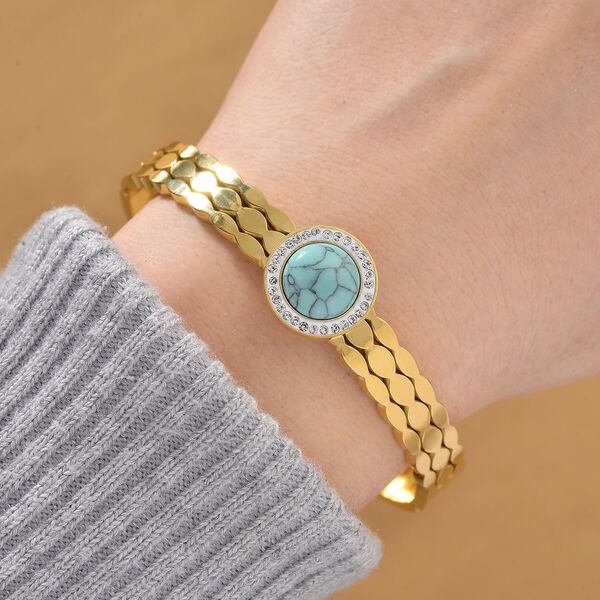 Grüner Howlit, Weißer Kristall Armreif ca. 19 cm Reiner Edelstahl, vegoldet, 2.51 ct image number 2