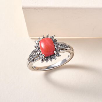 Oregon Pfirsich Opal und Zirkon-Halo-Ring, 925 Silber platiniert, 1,50 ct