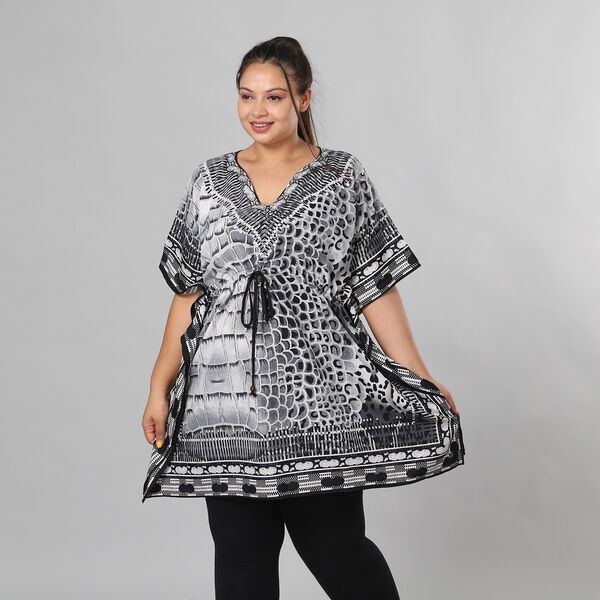 V-Ausschnitt bedruckter Kaftan, Einheitsgr&ouml;&szlig;e Schwarz und Wei&szlig; image number 4